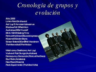 Cronología de grupos y evolución Año 2000 Linkin Park – In the end As I Lay –  An ocean between us Shadows Fall – Redmtion  Audioslave – Be Yourself  Blink 182 – Wasting Time Panic at the Disco – Suicide is press coverage Klaxons – Golden Skans Scissor Sisters – Don’t fell like dancin The Mars volta – The Widow Metal core y Deathcore ( As I Lay) Vuelve el Post Grunge (Audioslave) Dance punc y Dance rock (Panic at the Disco) Soul Rock (Anastacia) New Rave (Klaxons) Rock Experimental (The Mars Volta) 