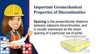Important Geomechanical
Properties of Discontinuities
Spacing is the perpendicular distance
between adjacent discontinuities, and
is usually expressed as the mean
spacing of a particular set of joints.
 
