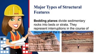 Major Types of Structural
Features
Bedding planes divide sedimentary
rocks into beds or strata. They
represent interruptions in the course of
deposition of the rock mass.
 