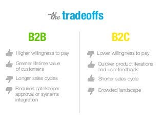 5 tradeoffs
B2B B2C
Higher willingness to pay
Greater lifetime value
of customers
Longer sales cycles
Requires gatekeeper
...
