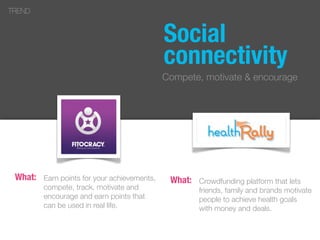 Crowdfunding platform that lets
friends, family and brands motivate
people to achieve health goals
with money and deals.
Social
connectivity
Compete, motivate & encourage
Earn points for your achievements,
compete, track, motivate and
encourage and earn points that
can be used in real life.
TREND
What: What:
 