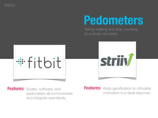 Pedometers
Scales, software, and
pedometers all communicate
and integrate seamlessly.
TREND
Features: Adds gamiﬁcation to stimulate
motivation in a sleek keychain.
Features:
Striv
Taking walking and step counting
to a whole new level.
 