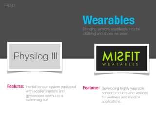 Inertial sensor system equipped
with accelerometers and
gyroscopes sewn into a
swimming suit.
TREND
Features: Developing highly wearable
sensor products and services
for wellness and medical
applications.
Features:
Physilog III
WearablesBringing sensors seamlessly into the
clothing and shoes we wear.
 