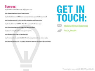 Sources:
Presentation copyright © 2012 Rock Health
GET IN
TOUCH:
Rock_Health
research@rockhealth.org
http://mashable.com/2012/06/11/wwdc-2012-app-store-stats/
http://148apps.biz/app-store-metrics/?mpage=catcount
http://mobihealthnews.com/17802/survey-consumer-interest-in-app-enabled-ﬁtness-sensors/#
http://mobihealthnews.com/11224/by-2016-80m-wearable-wireless-ﬁtness-sensors/
http://mobihealthnews.com/14884/by-2016-400m-market-for-health-ﬁtness-apps/
http://www.insidesocialgames.com/category/user-generated/page/2/
http://www.inc.com/guides/making-money-iphone-apps.htm
http://mashable.com/2011/08/17/price-mobile-app/l
http://www.readwriteweb.com/mobile/2011/07/mobile-game-prices-decline-but-revenue-up.php
http://news.cnet.com/8301-1035_3-57418833-94/freemium-games-are-the-ticket-to-app-proﬁts-study/
 