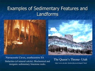 Examples of Sedimentary Features and Landforms The Queen’s Throne- Utah http://www.uh.edu/~jbutler/physical/chapter7.html Narracoorte Caves, southeastern SA Stalactites (of mineral calcite). Biochemical and inorganic sedimentary limestone rocks. 