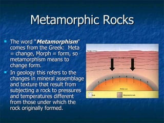 Metamorphic Rocks The word " Metamorphism " comes from the Greek:  Meta = change, Morph = form, so metamorphism means to change form.   In geology this refers to the changes in mineral assemblage and texture that result from subjecting a rock to pressures and temperatures different from those under which the rock originally formed.  