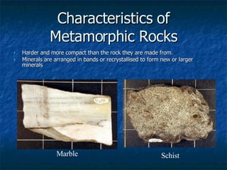 Characteristics of Metamorphic Rocks Harder and more compact than the rock they are made from.  Minerals are arranged in bands or recrystallised to form new or larger minerals Schist Marble 