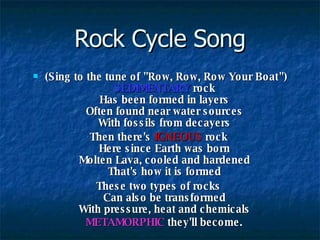 Rock Cycle Song (Sing to the tune of "Row, Row, Row Your Boat")   SEDIMENTARY  rock   Has been formed in layers   Often found near water sources   With fossils from decayers   Then there's  IGNEOUS  rock   Here since Earth was born   Molten Lava, cooled and hardened   That's how it is formed   These two types of rocks   Can also be transformed   With pressure, heat and chemicals   METAMORPHIC  they'll become.   