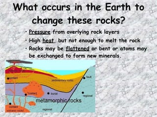 What occurs in the Earth to
change these rocks?
• Pressure from overlying rock layers
• High heat, but not enough to melt the rock
• Rocks may be flattened or bent or atoms may
be exchanged to form new minerals.
 