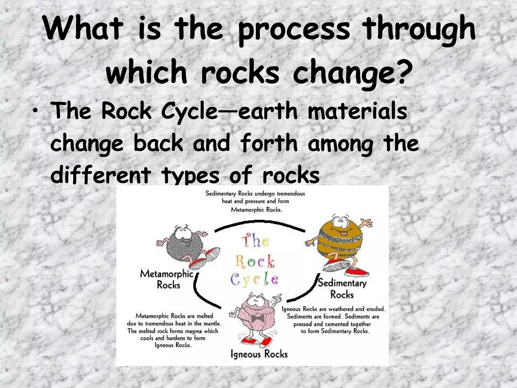 What is the process through which rocks change? The Rock Cycle—earth materials change back and forth among the different types of rocks 
