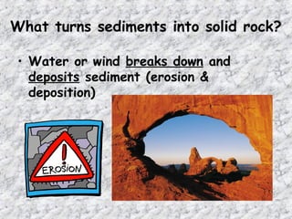 What turns sediments into solid rock?
• Water or wind breaks down and
deposits sediment (erosion &
deposition)
 