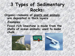 Organic—remains of plants and animals
are deposited in thick layers
• Examples
• Fossil rich limestone is made from the
shells of ocean animals; used to make
chalk
3 Types of Sedimentary
Rocks:
 