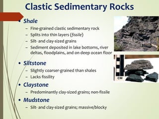 Clastic Sedimentary Rocks
• Shale
– Fine-grained clastic sedimentary rock
– Splits into thin layers (fissile)
– Silt- and clay-sized grains
– Sediment deposited in lake bottoms, river
deltas, floodplains, and on deep ocean floor
• Siltstone
– Slightly coarser-grained than shales
– Lacks fissility
• Claystone
– Predominantly clay-sized grains; non-fissile
• Mudstone
– Silt- and clay-sized grains; massive/blocky
 