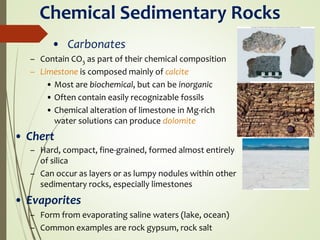Chemical Sedimentary Rocks
• Carbonates
– Contain CO3 as part of their chemical composition
– Limestone is composed mainly of calcite
• Most are biochemical, but can be inorganic
• Often contain easily recognizable fossils
• Chemical alteration of limestone in Mg-rich
water solutions can produce dolomite
• Chert
– Hard, compact, fine-grained, formed almost entirely
of silica
– Can occur as layers or as lumpy nodules within other
sedimentary rocks, especially limestones
• Evaporites
– Form from evaporating saline waters (lake, ocean)
– Common examples are rock gypsum, rock salt
 