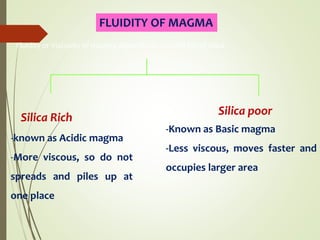 FLUIDITY OF MAGMA
Fluidity or Viscosity of magma depends on content (%) of Silica
Silica Rich
-known as Acidic magma
-More viscous, so do not
spreads and piles up at
one place
Silica poor
-Known as Basic magma
-Less viscous, moves faster and
occupies larger area
 