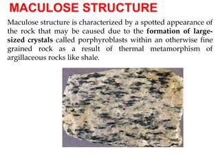 MACULOSE STRUCTURE
Maculose structure is characterized by a spotted appearance of
the rock that may be caused due to the formation of large-
sized crystals called porphyroblasts within an otherwise fine
grained rock as a result of thermal metamorphism of
argillaceous rocks like shale.
 