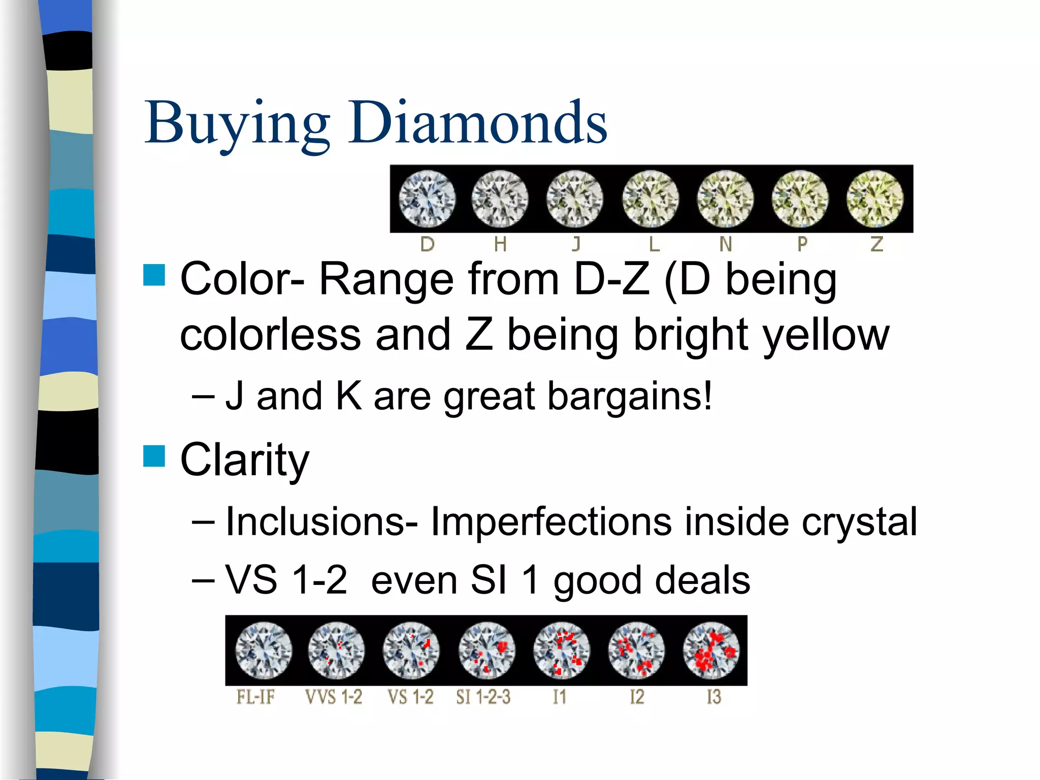 Buying Diamonds Color- Range from D-Z (D being colorless and Z being bright yellow J and K are great bargains! Clarity Inclusions- Imperfections inside crystal VS 1-2  even SI 1 good deals 