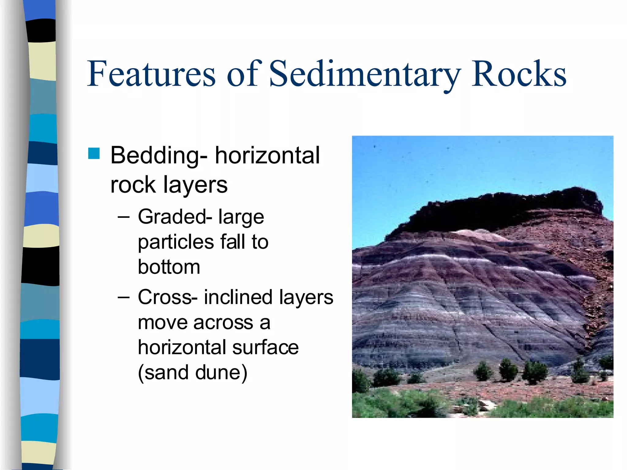 Features of Sedimentary Rocks Bedding- horizontal rock layers Graded- large particles fall to bottom Cross- inclined layers move across a horizontal surface (sand dune) 