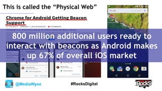 @MediaWyse #RocksDigital
This is called the “Physical Web”
800 million additional users ready to
interact with beacons as Android makes
up 67% of overall iOS market
 