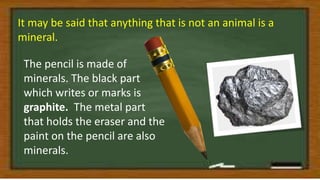 It may be said that anything that is not an animal is a
mineral.
The pencil is made of
minerals. The black part
which writes or marks is
graphite. The metal part
that holds the eraser and the
paint on the pencil are also
minerals.
 