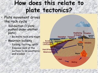 How does this relate to
plate tectonics?
• Plate movement drives
the rock cycle
– Subduction (1 plate
pushed under another
plate)
• Re-melts rock into magma
– Mountain building
• Folding, faulting, uplift
• Exposes rock at the
surface to be weathered
and eroded
 
