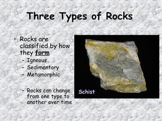 Three Types of Rocks
• Rocks are
classified by how
they form
– Igneous
– Sedimentary
– Metamorphic
– Rocks can change
from one type to
another over time
Schist
 