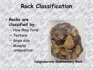 Rock Classification
• Rocks are
classified by:
– How they form
– Texture
– Grain size
– Mineral
composition
Conglomerate Sedimentary Rock
 