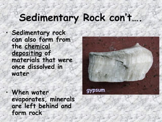 Sedimentary Rock con’t….
• Sedimentary rock
can also form from
the chemical
depositing of
materials that were
once dissolved in
water
• When water
evaporates, minerals
are left behind and
form rock
gypsum
 