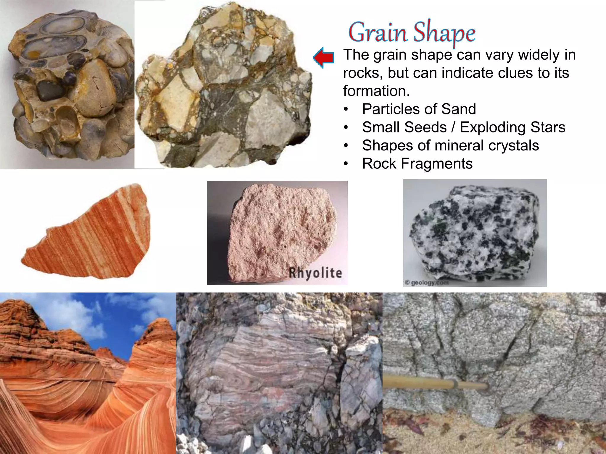 The grain shape can vary widely in
rocks, but can indicate clues to its
formation.
• Particles of Sand
• Small Seeds / Exploding Stars
• Shapes of mineral crystals
• Rock Fragments
 