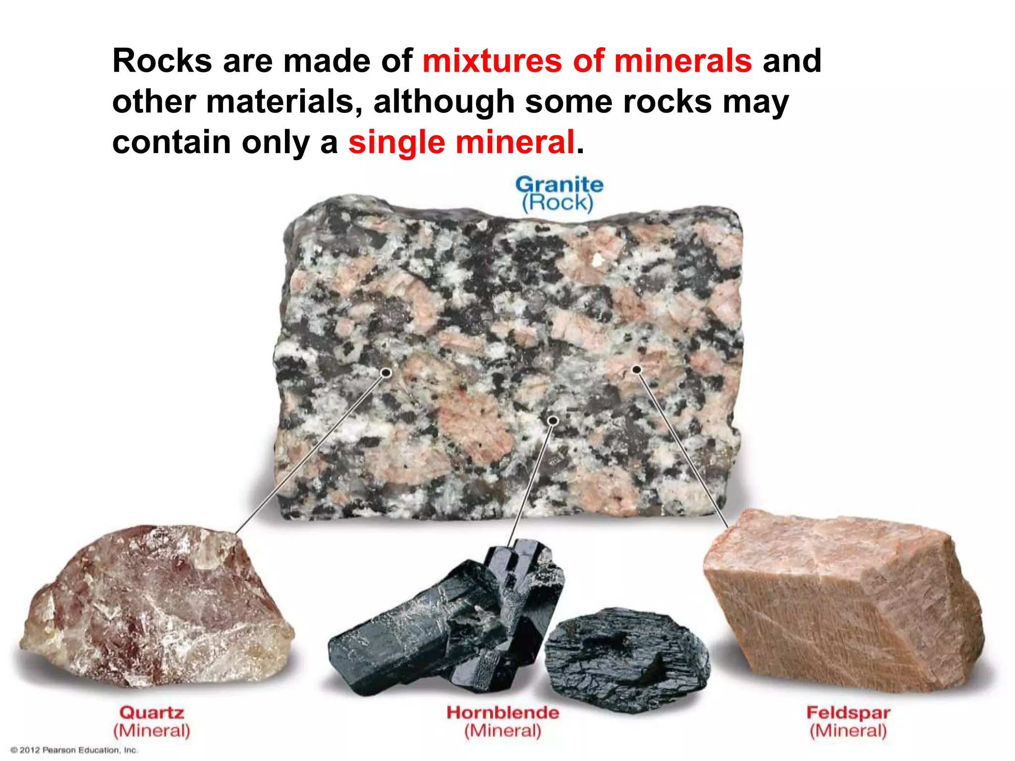 Rocks are made of mixtures of minerals and
other materials, although some rocks may
contain only a single mineral.
 