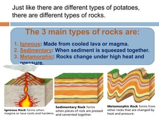 Just like there are different types of potatoes,
there are different types of rocks.
The 3 main types of rocks are:
1. Igneous: Made from cooled lava or magma.
2. Sedimentary: When sediment is squeezed together.
3. Metamorphic: Rocks change under high heat and
pressure.
 