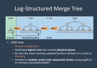 Log-Structured Merge Tree
• LSM-tree
– N-level merge trees
– Splitting a logical tree into several physical pieces
– So that the most-recently-updated portion of data is in a tree in
memory
– Transform random writes into sequential writes using logfile &
in-memory store(Memtable)
 