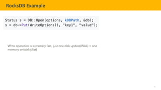 17
TELENAV CONFIDENTIAL
RocksDB Example
Write operation is extremely fast, just one disk update(WAL) + one
memory write(skiplist)
 