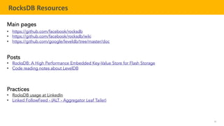 54
TELENAV CONFIDENTIAL
RocksDB Resources
Main pages
• https://github.com/facebook/rocksdb
• https://github.com/facebook/rocksdb/wiki
• https://github.com/google/leveldb/tree/master/doc
Posts
• RocksDB: A High Performance Embedded Key-Value Store for Flash Storage
• Code reading notes about LevelDB
Practices
• RocksDB usage at LinkedIn
• Linked FollowFeed - (ALT - Aggregator Leaf Tailer)
 