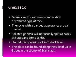 Gneissic

 Gneissic rock is a common and widely
    distributed type of rock.
   The rocks with a banded appearance are call
    gneissic.
   Foliated gneissic will not usually split as easily
    as slates and some schist.
   I found this gneissic rock in Turlock lake .
   The place can be found along the side of Lake
    Street in the county of Stanislaus.
 