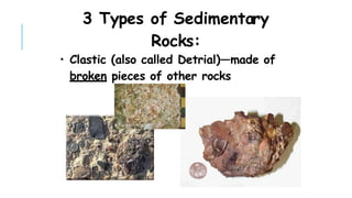 3 Types of Sedimentary
Rocks:
• Clastic (also called Detrial)—made of
broken pieces of other rocks
 