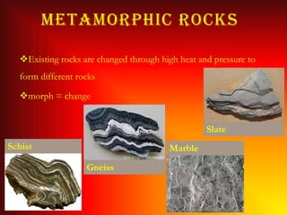 METAMORPHIC ROCKS

  Existing rocks are changed through high heat and pressure to
  form different rocks

  morph = chan...