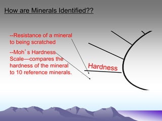 How are Minerals Identified??
--Resistance of a mineral
to being scratched
--Moh’s Hardness
Scale—compares the
hardness of the mineral
to 10 reference minerals.
 