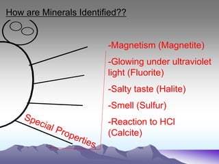 How are Minerals Identified??
-Magnetism (Magnetite)
-Glowing under ultraviolet
light (Fluorite)
-Salty taste (Halite)
-Smell (Sulfur)
-Reaction to HCl
(Calcite)
 