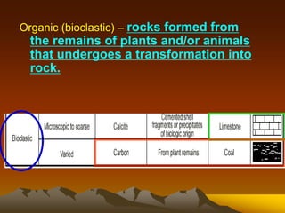 Organic (bioclastic) – rocks formed from
the remains of plants and/or animals
that undergoes a transformation into
rock.
 