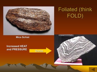 Foliated (think
FOLD)
Mica Schist
Gneiss
Increased HEAT
and PRESSURE
 