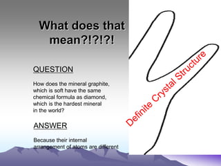 What does that
mean?!?!?!
QUESTION
How does the mineral graphite,
which is soft have the same
chemical formula as diamond,
which is the hardest mineral
in the world?
ANSWER
Because their internal
arrangement of atoms are different
 