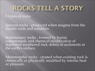 3 types of rocks

Igneous rocks - produced when magma from the
mantle cools and solidifies.

Sedimentary rocks - formed by burial,
compression, and chemical modification of
deposited weathered rock debris or sediments at
the earth's surface.

Metamorphic rocks - created when existing rock is
chemically or physically modified by intense heat
or pressure.
 