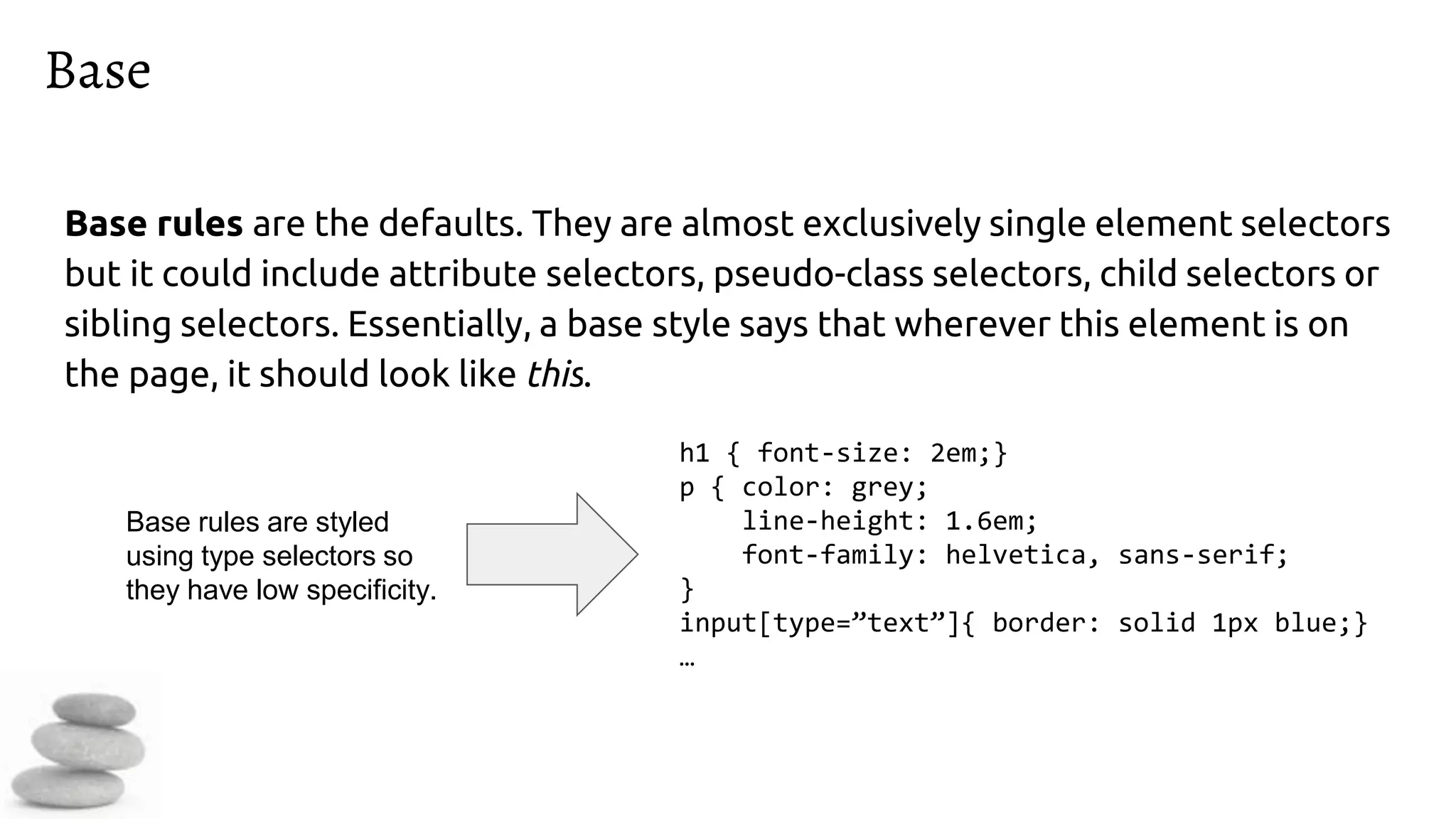 Base
Base rules are the defaults. They are almost exclusively single element selectors
but it could include attribute selectors, pseudo-class selectors, child selectors or
sibling selectors. Essentially, a base style says that wherever this element is on
the page, it should look like this.
h1 { font-size: 2em;}
p { color: grey;
line-height: 1.6em;
font-family: helvetica, sans-serif;
}
input[type=”text”]{ border: solid 1px blue;}
…
Base rules are styled
using type selectors so
they have low specificity.
 