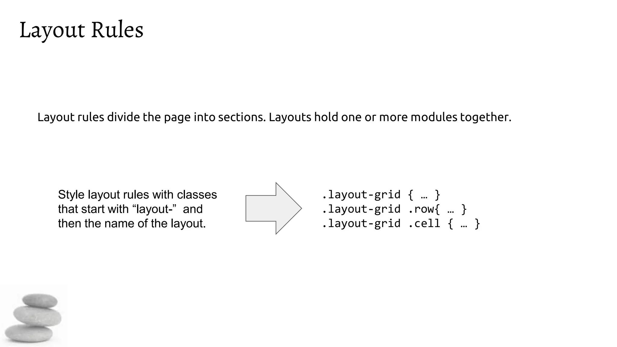 Layout Rules
Layout rules divide the page into sections. Layouts hold one or more modules together.
.layout-grid { … }
.layout-grid .row{ … }
.layout-grid .cell { … }
Style layout rules with classes
that start with “layout-” and
then the name of the layout.
 