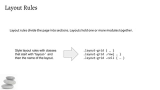 Layout Rules
Layout rules divide the page into sections. Layouts hold one or more modules together.
.layout-grid { … }
.layout-grid .row{ … }
.layout-grid .cell { … }
Style layout rules with classes
that start with “layout-” and
then the name of the layout.
 