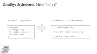 Goodbye Stylesheets, Hello “inline”
<p class=”large-para”>
.large-para {
line-height: 2em;
font-family: sans-serif;
font-size: 1.6em;
}
<p class=”ls-2 ff-sans fs-16”>
.lh-2 {line-height: 2em;}
.ff-sans {font-family: sans-serif;}
.fs-16{ font-size: 1.6em;}
 
