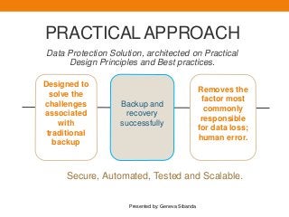 PRACTICAL APPROACH 
Data Protection Solution, architected on Practical 
Design Principles and Best practices. 
Secure, Automated, Tested and Scalable. 
Presented by: Geneva Sibanda 
Designed to 
solve the 
challenges 
associated 
with 
traditional 
backup 
Backup and 
recovery 
successfully 
Removes the 
factor most 
commonly 
responsible 
for data loss; 
human error. 
 