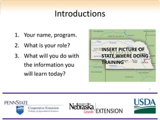 Introductions
1. Your name, program.
2. What is your role?
3. What will you do with
the information you
will learn today?
2
INSERT PICTURE OF
STATE WHERE DOING
TRAINING
 