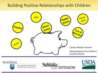 Building Positive Relationships with Children
Carolyn Webster-Stratton
Making deposits into children’s
emotional banks.
30
 